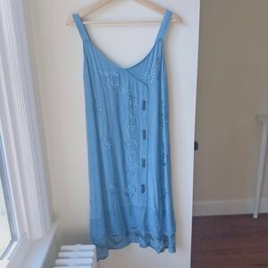 Raya Sun Blue Embroidered Floral Button Front Midi Dress Plus 1X Cotton Blend